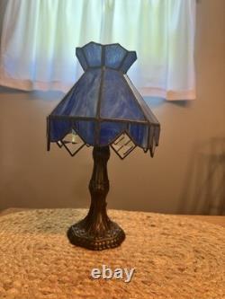 L&L Super Rare Petite Desk Blue Slag Glass Tiffany Style Lamp Stained Glass