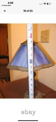 L&L Super Rare Petite Desk Blue Slag Glass Tiffany Style Lamp Stained Glass