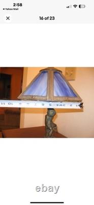 L&L Super Rare Petite Desk Blue Slag Glass Tiffany Style Lamp Stained Glass