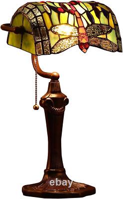 L10058 Dragonfly Tiffany Style Stained Glass Banker Table Lamp with 10-Inch Wide