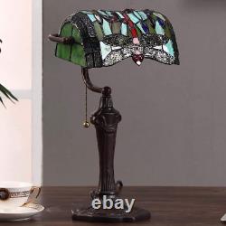 L10058 Dragonfly Tiffany Style Stained Glass Banker Table Lamp with 10-Inch Wide