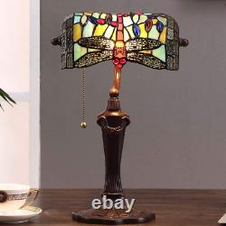 L10058 Dragonfly Tiffany Style Stained Glass Banker Table Lamp with 10-Inch Wide