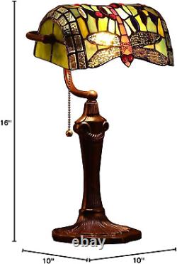 L10058 Dragonfly Tiffany Style Stained Glass Banker Table Lamp with 10-Inch Wide