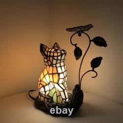 L10891 Tiffany-Style Stained Glass Cat Accent Table Lamp Adorable Orange Ca