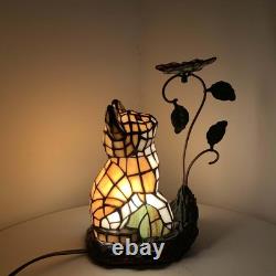 L10891 Tiffany-Style Stained Glass Cat Accent Table Lamp Adorable Orange Ca