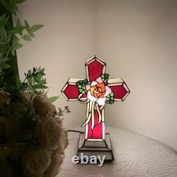 L10935 Rose Cross Tiffany Style Stained Glass Accent Table Lamp Night Light f