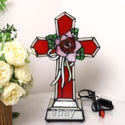 L10935 Rose Cross Tiffany Style Stained Glass Accent Table Lamp Night Light f