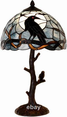 L10956 Raven Sitting on Bare Tree Branch in Full Moon Night Tiffany Style Staine