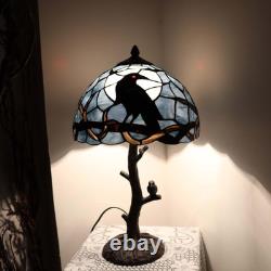 L10956 Raven Sitting on Bare Tree Branch in Full Moon Night Tiffany Style Staine