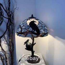 L10968 Raven Sitting on Bare Tree Branch in Full Moon Night Tiffany Style Sta