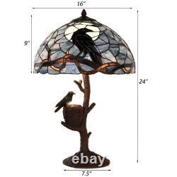 L10968 Raven Sitting on Bare Tree Branch in Full Moon Night Tiffany Style Sta