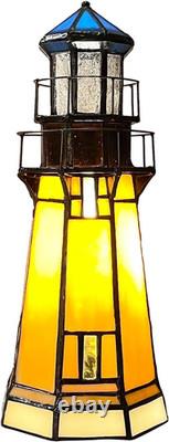 L10979 Tiffany-Style Stained Glass Lighthouse Accent Table Lamp, 9.5 H