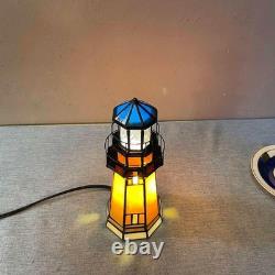 L10979 Tiffany-Style Stained Glass Lighthouse Accent Table Lamp, 9.5 H