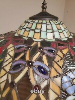 LG Tiffany Style Tall Rose Jeweled Stained Glass Table Desk Lamp Lit Base Light