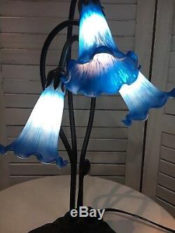 LILY PAD Table Lamp Tiffany Style 3 LED Lights BLUE Glass Shades NIB