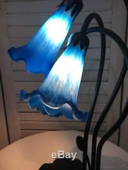 LILY PAD Table Lamp Tiffany Style 3 LED Lights BLUE Glass Shades NIB