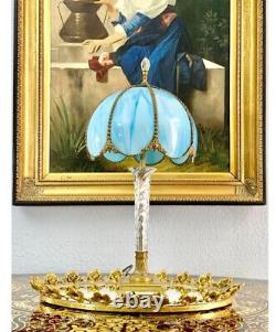 Lamp Antique Brass with Blue Stained Glass Shade Rare Lighting Home Decor