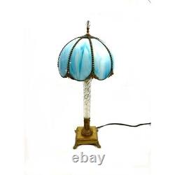 Lamp Antique Brass with Blue Stained Glass Shade Rare Lighting Home Decor