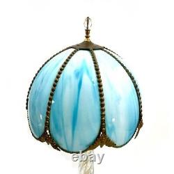 Lamp Antique Brass with Blue Stained Glass Shade Rare Lighting Home Decor