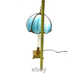 Lamp Antique Brass with Blue Stained Glass Shade Rare Lighting Home Decor