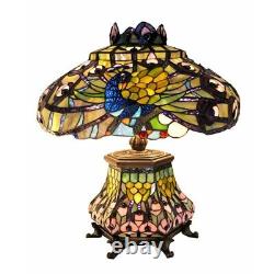 Lamp Peacock Table Stained Glass Tiffany Style Light Lit Base Shade Beautiful