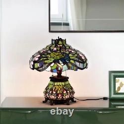 Lamp Peacock Table Stained Glass Tiffany Style Light Lit Base Shade Beautiful