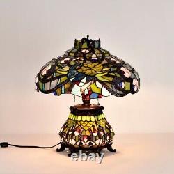 Lamp Peacock Table Stained Glass Tiffany Style Light Lit Base Shade Beautiful