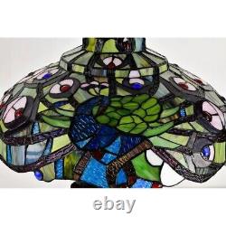 Lamp Peacock Table Stained Glass Tiffany Style Light Lit Base Shade Beautiful