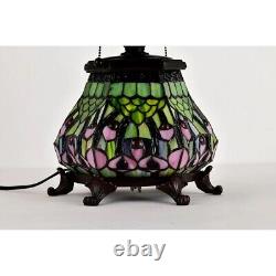 Lamp Peacock Table Stained Glass Tiffany Style Light Lit Base Shade Beautiful