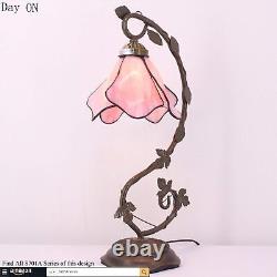 Lamp Pink Stained Glass Table Lamp, Metal Leaf Table Desk Reading Light 8X10X21