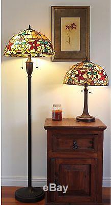 Lamp Set Table & Floor Tiffany Style Red Green Amber Floral Stained Glass Shade