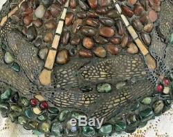 Lamp Shade Stained Glass Polished Pebble Stones Metal Dragon Fly 10.5 Tall