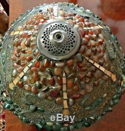 Lamp Shade Stained Glass Polished Pebble Stones Metal Dragon Fly 10.5 Tall