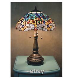 Lamp Tiffany Dragon Fly Style Table Stained Glass Blue Shade Light Desk Glam Red