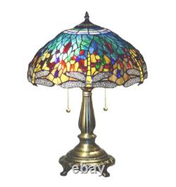 Lamp Tiffany Dragon Fly Style Table Stained Glass Blue Shade Light Desk Glam Red