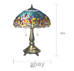 Lamp Tiffany Dragon Fly Style Table Stained Glass Blue Shade Light Desk Glam Red