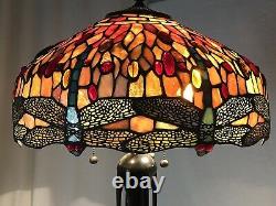 Large 17 Vtg Tiffany Style Dragonfly Stained Glass Lamp Shade Jeweled Red Blue