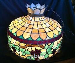 Large Antique Victorian Tiffany Style Stained Leaded Glass Hanging Lamp