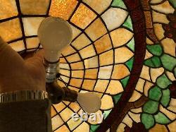 Large Antique Victorian Tiffany Style Stained Leaded Glass Hanging Lamp