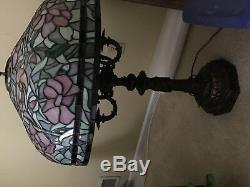 Large Antique or vintage leaded stained glass lamp Peony pattern