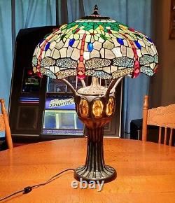 Large Meyda Custom Stained Glass TIFFANY Table Lamp 37946 Hanging Head Dragonfly