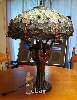 Large Meyda Custom Stained Glass TIFFANY Table Lamp 37946 Hanging Head Dragonfly