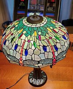 Large Meyda Custom Stained Glass TIFFANY Table Lamp 37946 Hanging Head Dragonfly