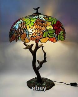 Large Tiffany Style Grape Tree Table Lamp Stained Glass Art Nouveau Lamp Birds
