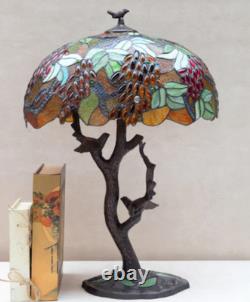 Large Tiffany Style Grape Tree Table Lamp Stained Glass Art Nouveau Lamp Birds