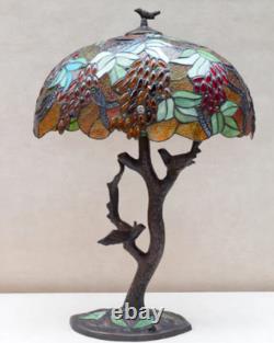 Large Tiffany Style Grape Tree Table Lamp Stained Glass Art Nouveau Lamp Birds