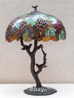 Large Tiffany Style Grape Tree Table Lamp Stained Glass Art Nouveau Lamp Birds
