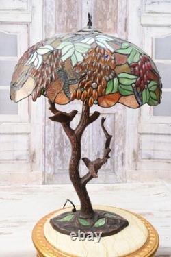 Large Tiffany Style Grape Tree Table Lamp Stained Glass Art Nouveau Lamp Birds