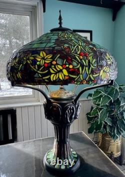 Large Tiffany Style Vintage Stained Glass Table Lamp With Tiffany Style Base