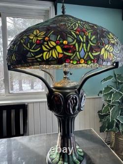 Large Tiffany Style Vintage Stained Glass Table Lamp With Tiffany Style Base